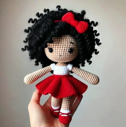 Handmade Crochet Curly-Haired Doll - Red Dress with Matching Bow