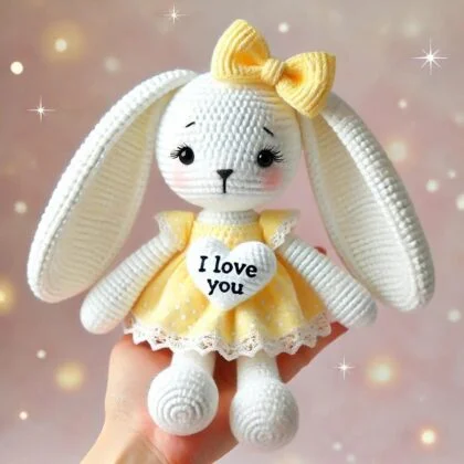 Handmade Crochet Bunny Doll - Yellow Dress with "I Love You" Heart