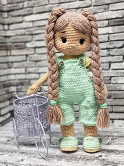 Handmade Crochet Doll with Long Braids - Mint Green Overalls