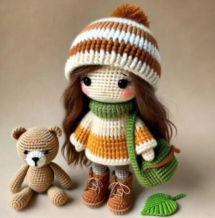 Handmade Crochet Autumn Doll with Teddy Bear - Cozy Outfit and Accessories